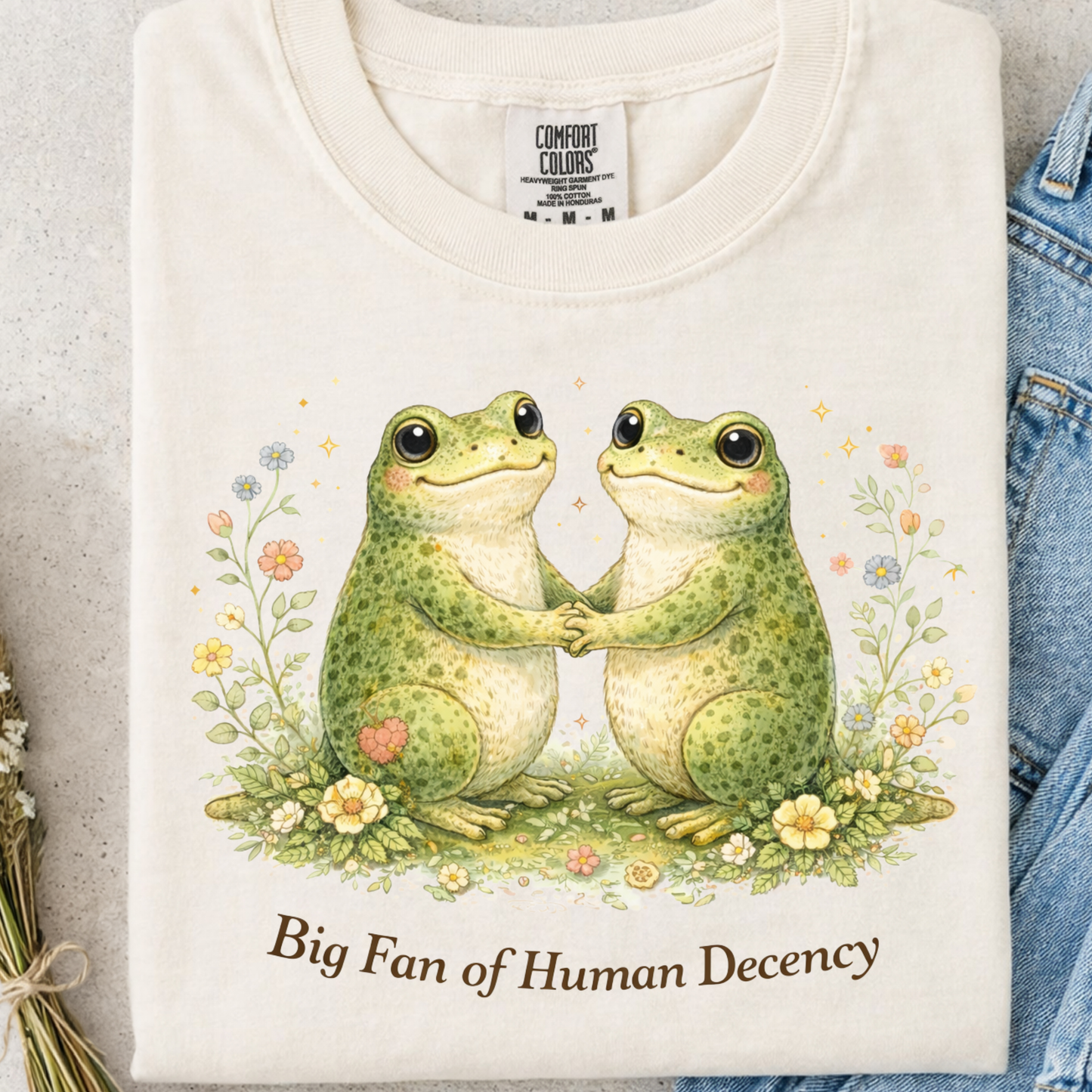 Big Fan of Human Decency Frog Cottagecore Graphic Tee - Comfort Colors 1717 - Ivory