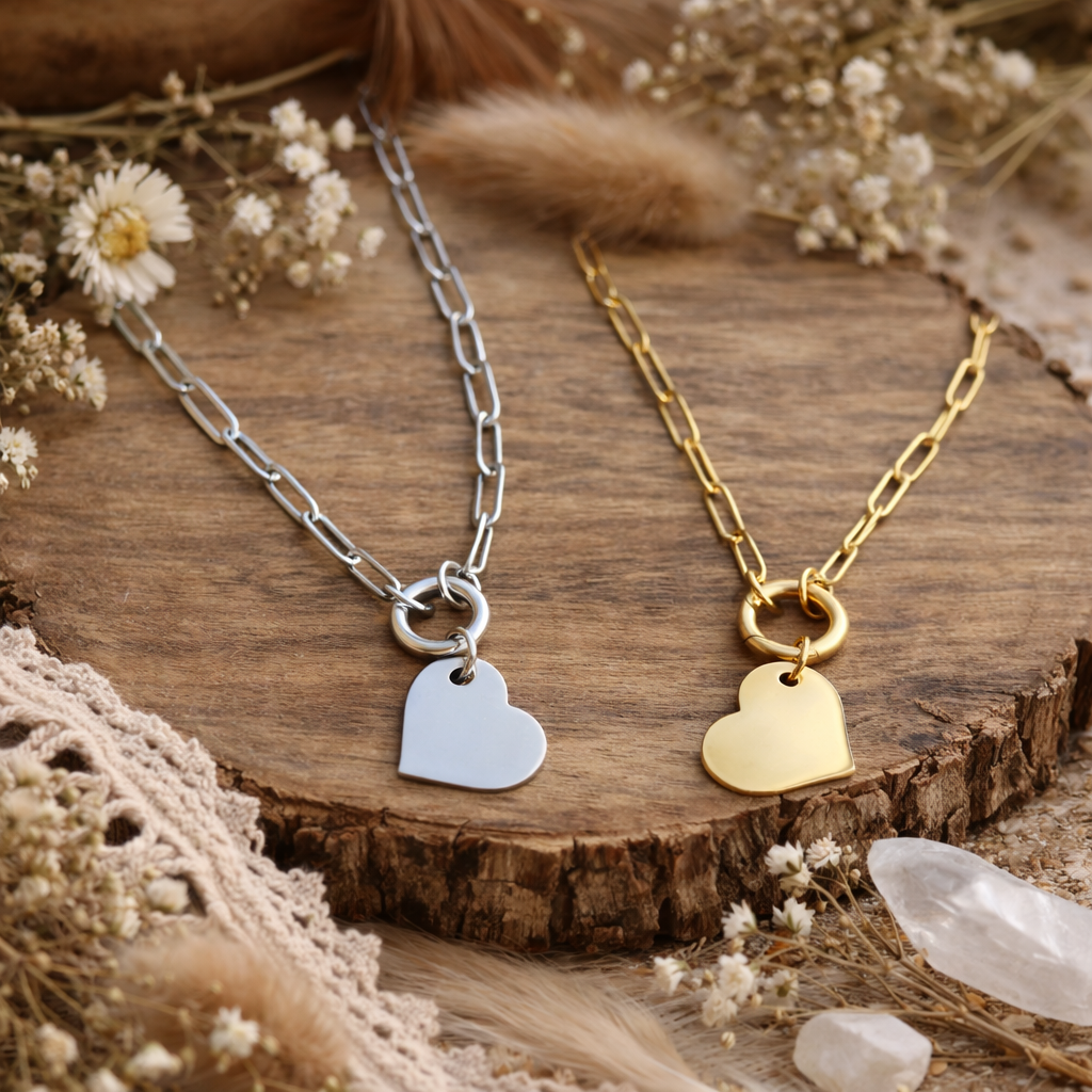 Personalized Heart Necklace on Paperclip Chain