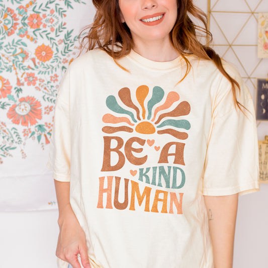 Be a Kind Human Shirt – Retro Kindness Tee – Comfort Colors 1717 Ivory