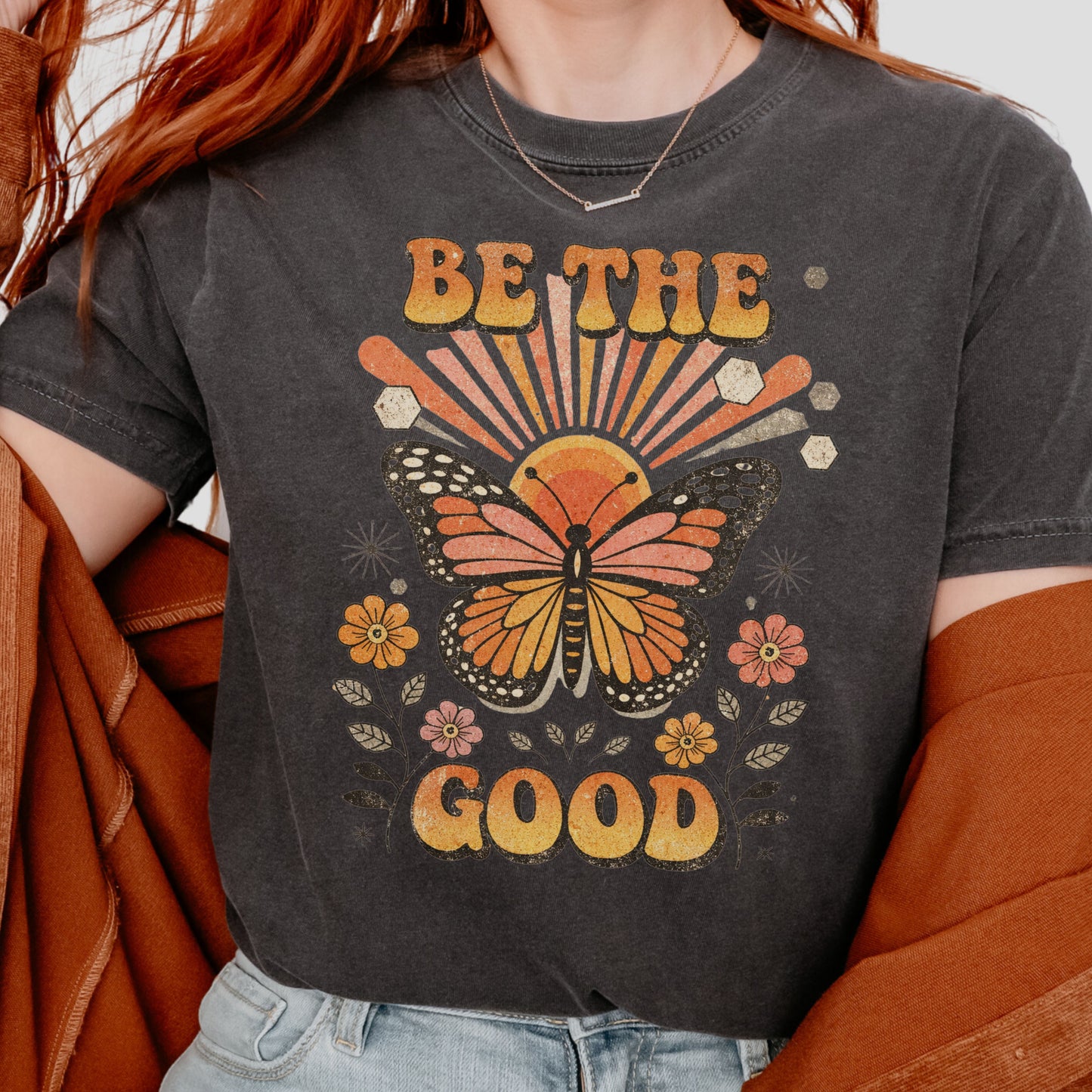 Be The Good Butterfly Shirt – Retro Boho Graphic Tee – Comfort Colors 1717 Pepper