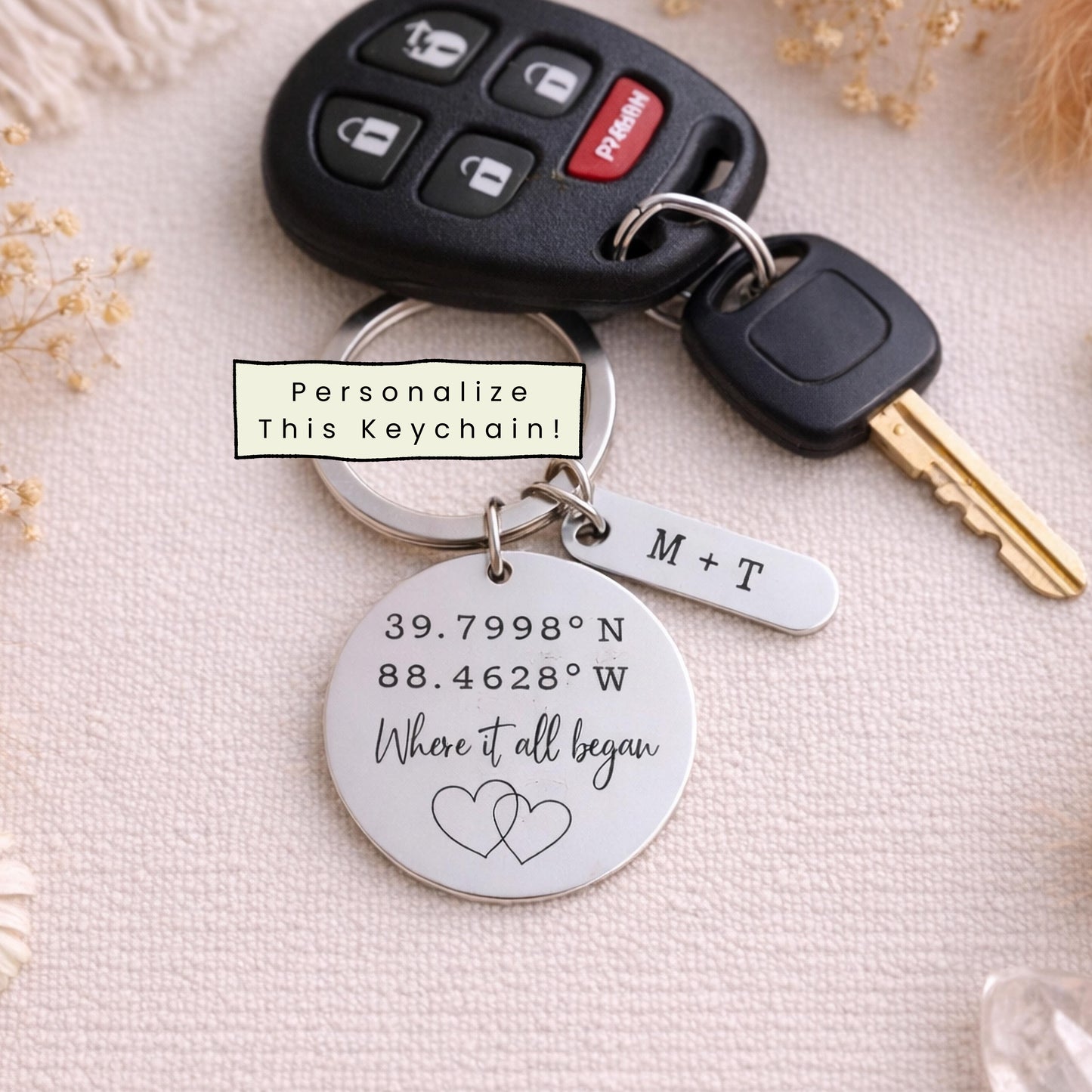 Personalized Coordinates Keychain – Custom Location Gift with Name, Date & Charm