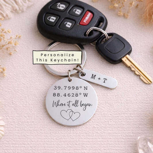Personalized Coordinates Keychain – Custom Location Gift with Name, Date & Charm