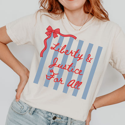 Liberty & Justice For All Shirt – Patriotic Graphic Tee with Bow - Comfort Colors 1717 Ivory
