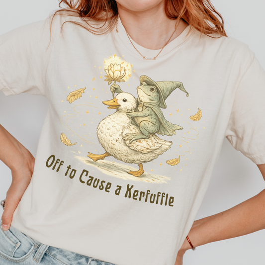 Off to Cause a Kerfuffle Frog Riding Duck Shirt | Comfort Colors 1717 Ivory Graphic Tee | Whimsical Cottagecore Frog Shirt | Funny Frog Tee
